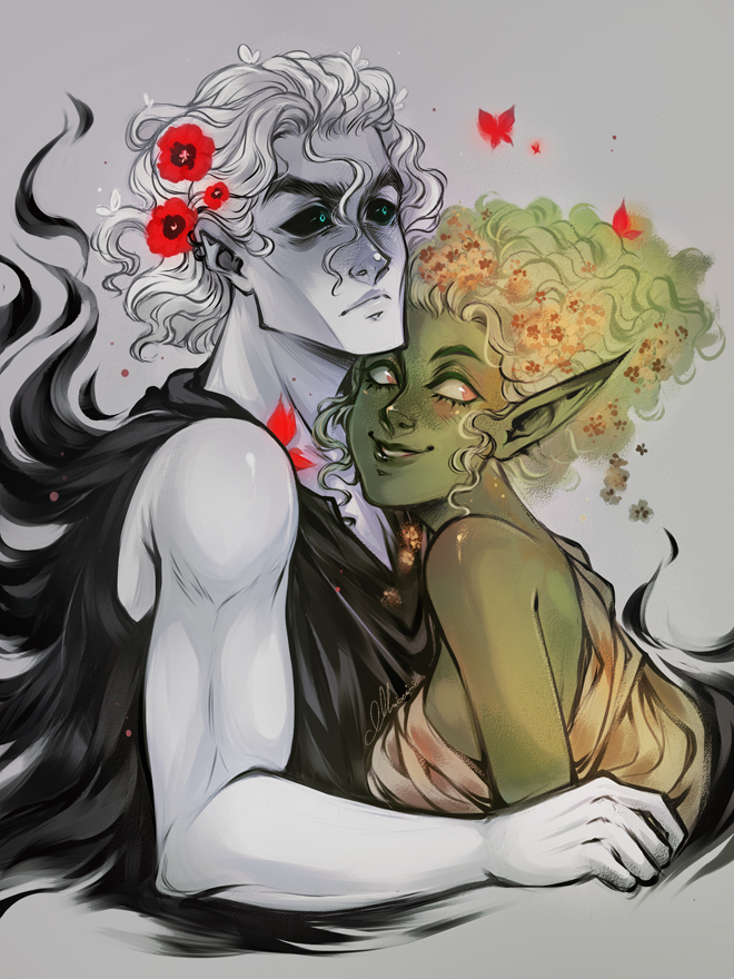 thanatos and daphne (lore olympus) drawn by ashiori-chan