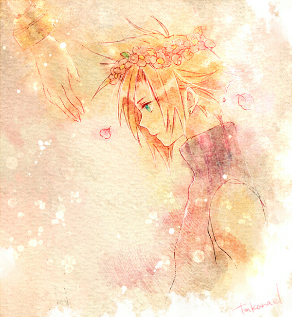 cloud strife and aerith gainsborough (final fantasy and 1 more) drawn by takanamushi