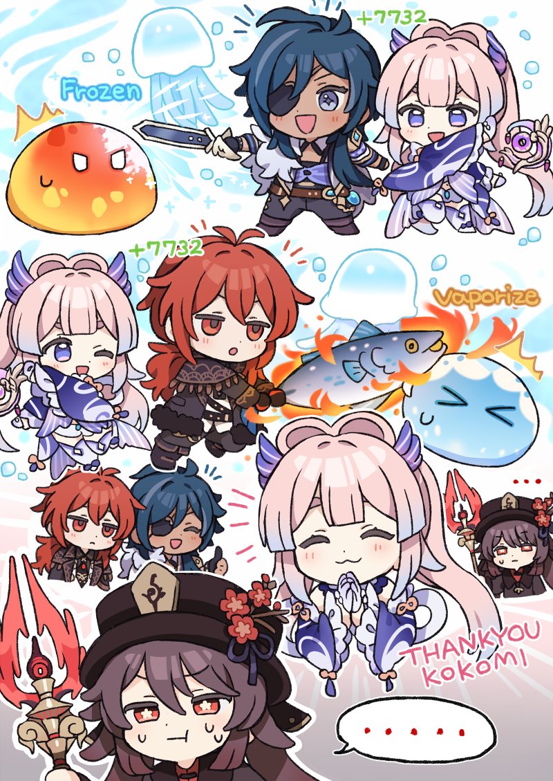 hu tao, sangonomiya kokomi, diluc, kaeya, and slime (genshin impact) drawn by sumipic