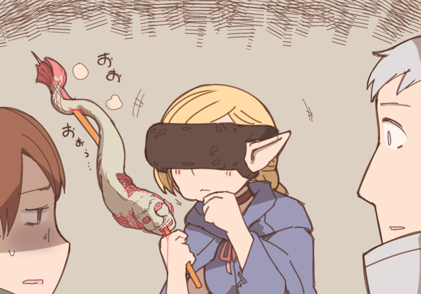 marcille donato, laios touden, and chilchuck tims (dungeon meshi) drawn by nns_(sobchan)