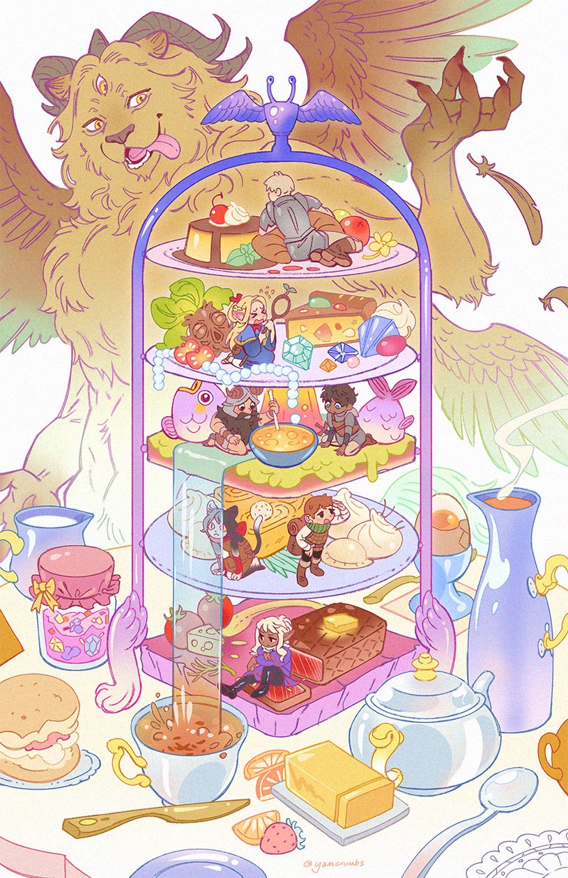 marcille donato, laios touden, senshi, kabru, chilchuck tims, and 4 more (dungeon meshi) drawn by snail_soup
