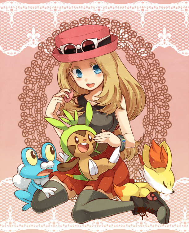 serena, fennekin, chespin, and froakie (pokemon and 1 more) drawn by irouha