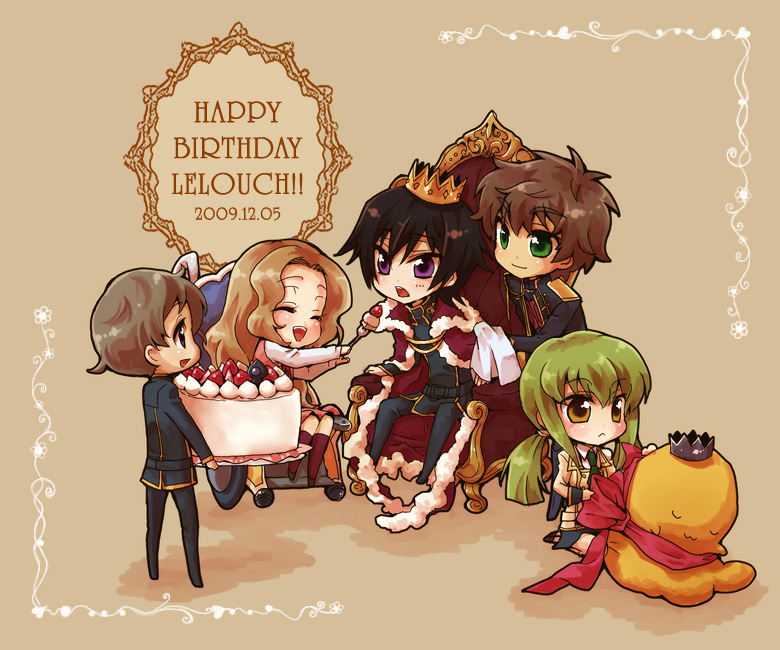 c.c., lelouch vi britannia, kururugi suzaku, nunnally vi britannia, cheese-kun, and 1 more (code geass and 1 more) drawn by mecco