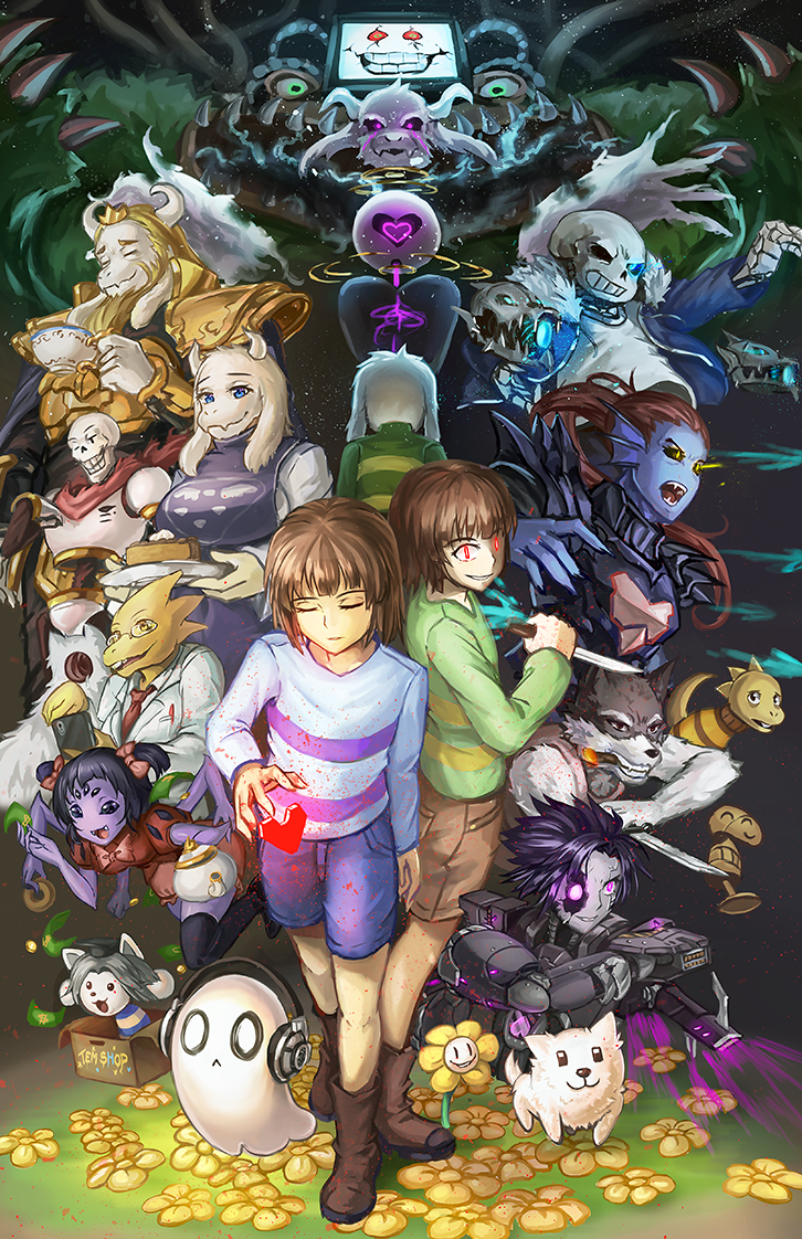 frisk, chara, sans, undyne, papyrus, and 17 more (undertale) drawn by freeze-ex