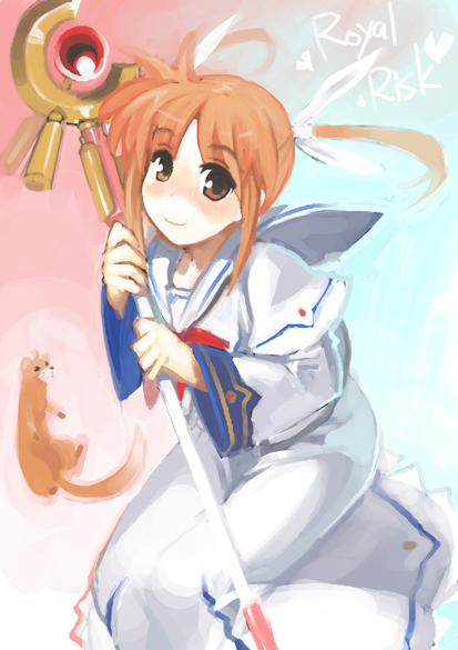 takamachi nanoha, raising heart, and yuuno scrya (lyrical nanoha and 1 more) drawn by rkrk