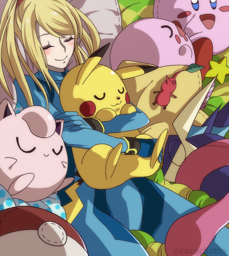 pikachu, kirby, samus aran, jigglypuff, red pikmin, and 1 more (pokemon and 4 more) drawn by kudakeru