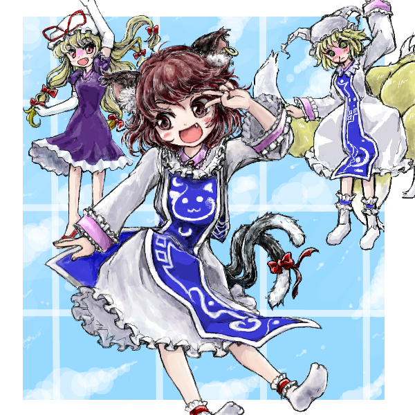 yakumo yukari, yakumo ran, and chen (touhou) drawn by nanashii_(soregasisan)