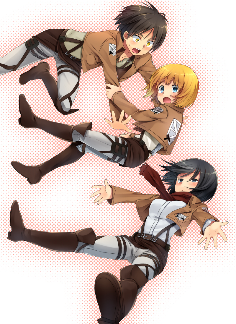 mikasa ackerman, eren yeager, and armin arlert (shingeki no kyojin) drawn by marimo_danshaku