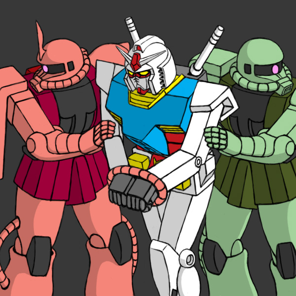 rx-78-2 gundam, zaku ii, zaku ii s char custom, and zaku ii f/j (gundam and 1 more) drawn by hiki_shimeriro