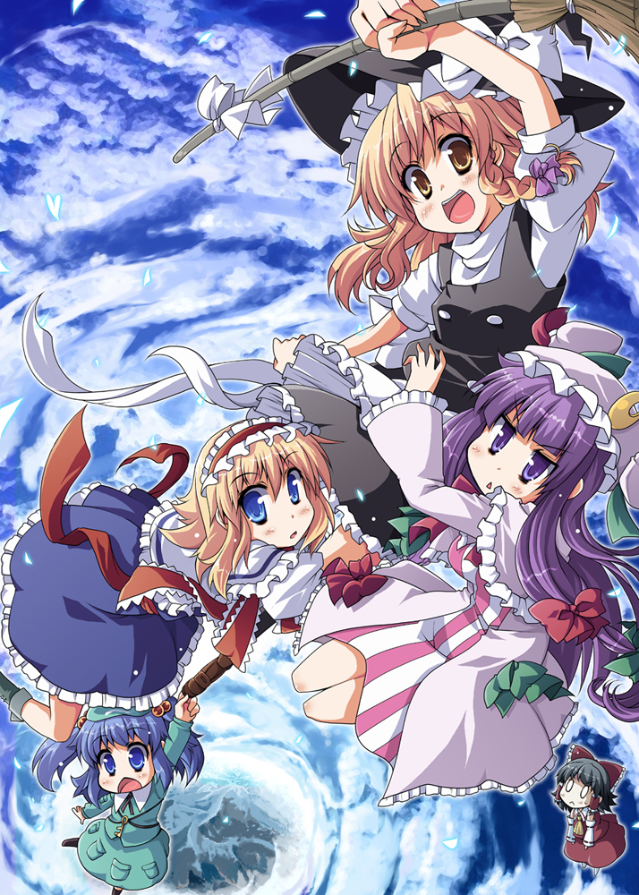 hakurei reimu, kirisame marisa, alice margatroid, patchouli knowledge, and kawashiro nitori (touhou) drawn by utsurogi_angu