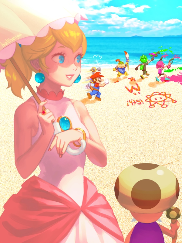 inkling player character, inkling girl, princess peach, mario, inkling boy, and 2 more (splatoon and 3 more) drawn by bellhenge