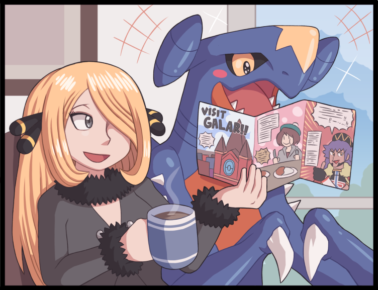 cynthia, gloria, leon, and garchomp (pokemon and 2 more) drawn by ayyk92