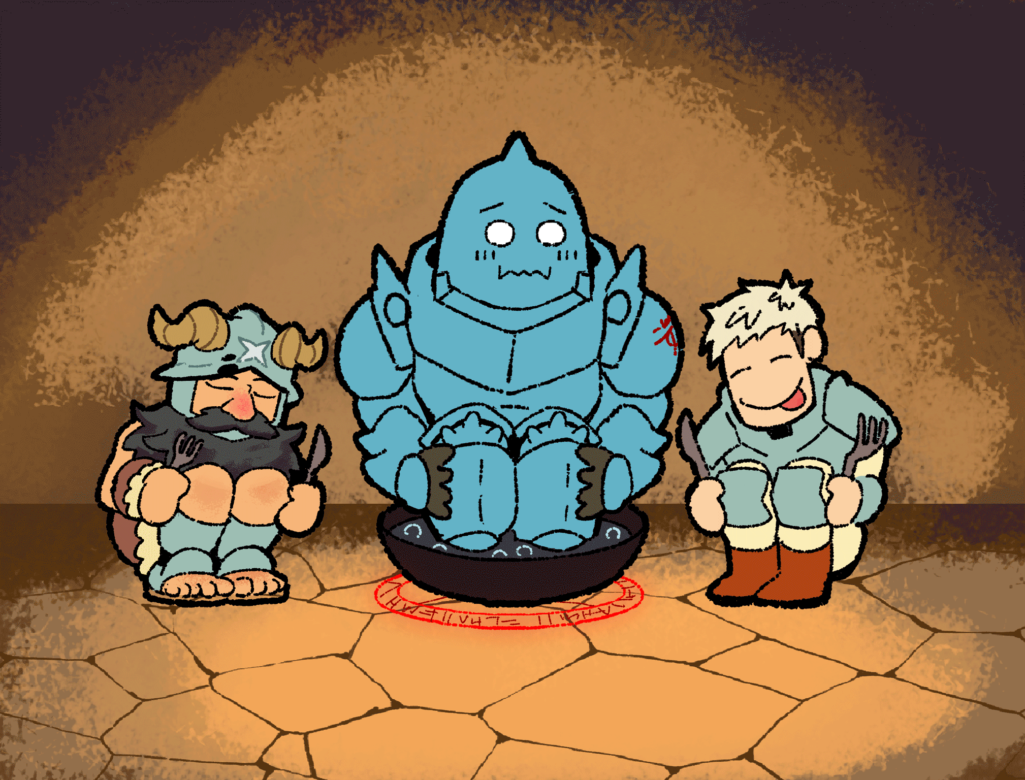 laios touden, senshi, alphonse elric, and martel (dungeon meshi and 1 more) drawn by duckmeat_woohoo