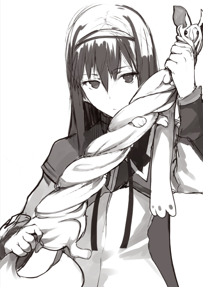 akemi homura and kyubey (mahou shoujo madoka magica) drawn by shirabi