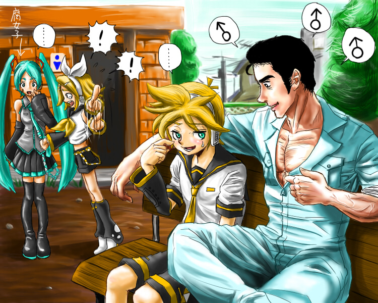 hatsune miku, kagamine rin, kagamine len, and abe takakazu (vocaloid and 1 more) drawn by raw_(kenja)
