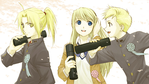 edward elric, alphonse elric, and winry rockbell (fullmetal alchemist) drawn by sakaki_kuuya