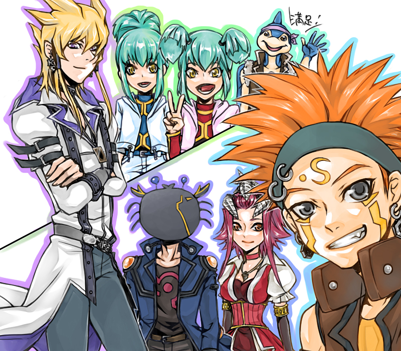 fudo yusei, izayoi aki, jack atlas, luca, crow hogan, and 2 more (yu-gi-oh! and 1 more) drawn by kurosawa_tomo
