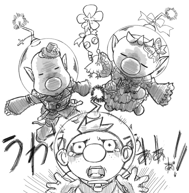 olimar, white pikmin, louie, and alph (pikmin) drawn by naru_(wish_field)