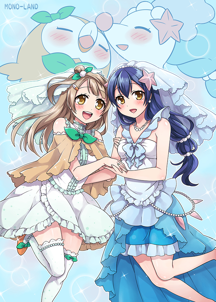 sonoda umi, minami kotori, rowlet, and primarina (pokemon and 3 more) drawn by mono_land