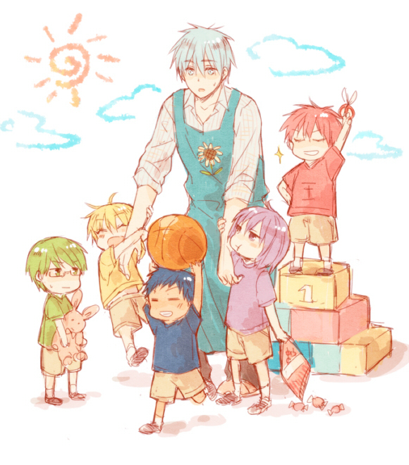 kuroko tetsuya, aomine daiki, kise ryouta, akashi seijuurou, midorima shintarou, and 1 more (kuroko no basuke) drawn by sleepy69