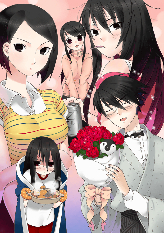 itoshiki nozomu, fuura kafuka, komori kiri, arai chie, and kitsu tane (sayonara zetsubou sensei) drawn by momo_uzura
