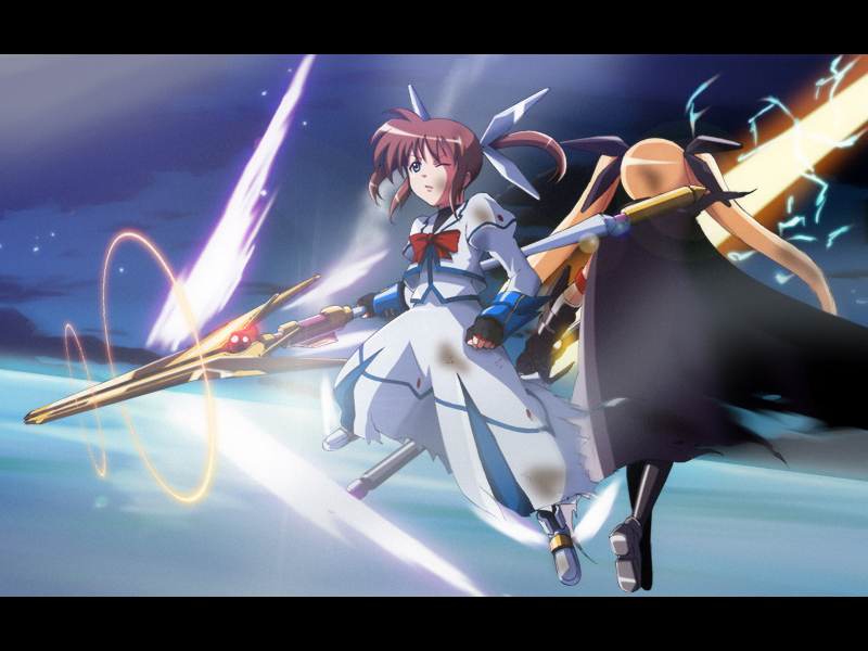 fate testarossa, takamachi nanoha, raising heart, and bardiche (lyrical nanoha and 2 more) drawn by hayakawa_harui