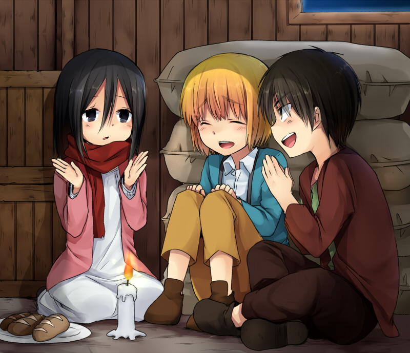 mikasa ackerman, eren yeager, and armin arlert (shingeki no kyojin) drawn by marimo_danshaku