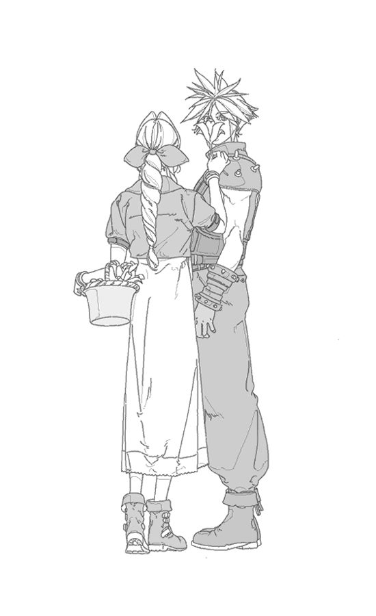 cloud strife and aerith gainsborough (final fantasy and 2 more) drawn by dimo
