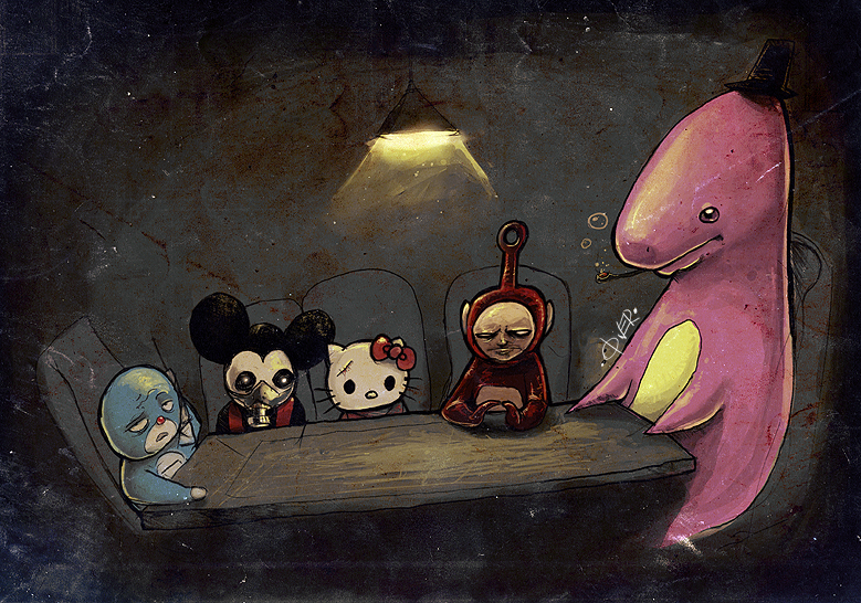 hello kitty, doraemon, mickey mouse, po, and barney (sanrio and 5 more)