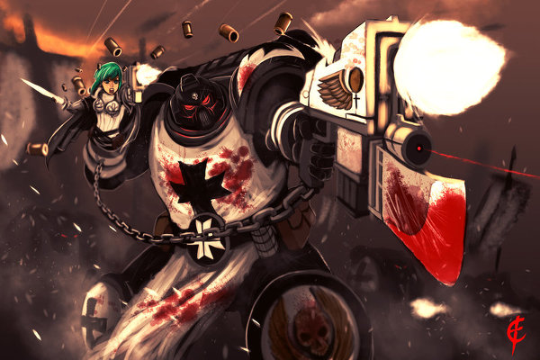 adeptus astartes and kasugano midori (warhammer 40k and 1 more) drawn by cross_(guncross)