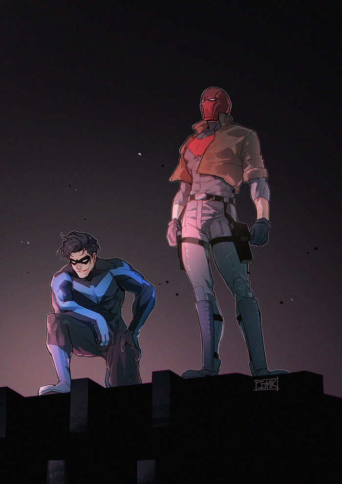 dick grayson, jason todd, nightwing, and red hood (dc comics and 1 more) drawn by jjmk-jjmk