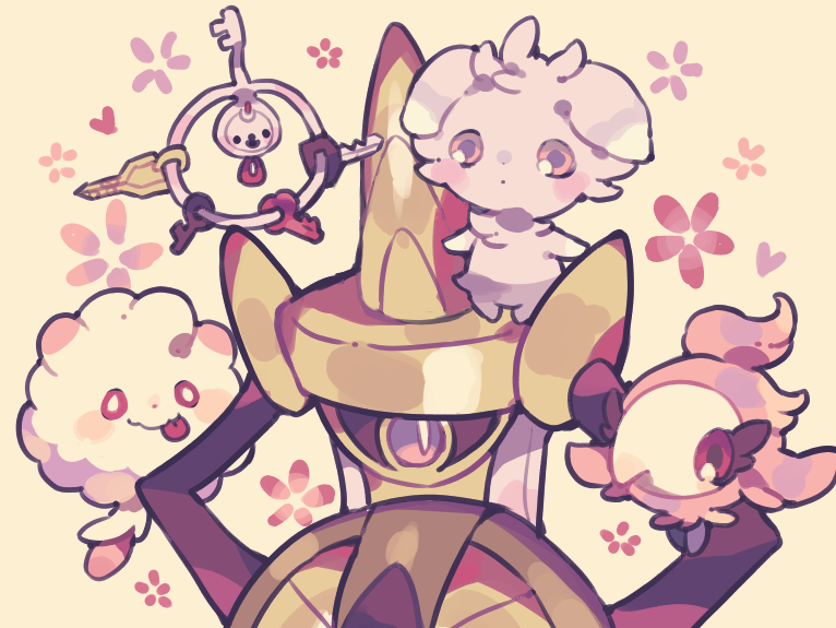 espurr, aegislash, swirlix, klefki, and spritzee (pokemon) drawn by maru_(umc_a)