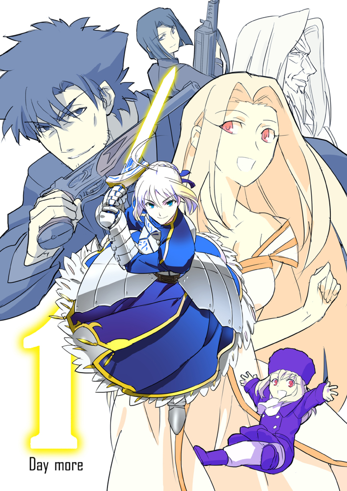 artoria pendragon, saber, illyasviel von einzbern, emiya kiritsugu, irisviel von einzbern, and 1 more (fate and 1 more) drawn by kon_manatsu