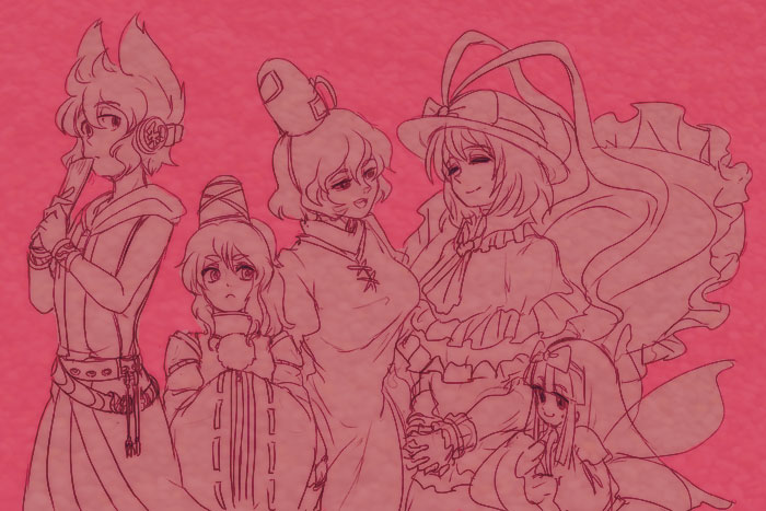 toyosatomimi no miko, mononobe no futo, nagae iku, soga no tojiko, and star sapphire (touhou) drawn by kitayuki_kajika