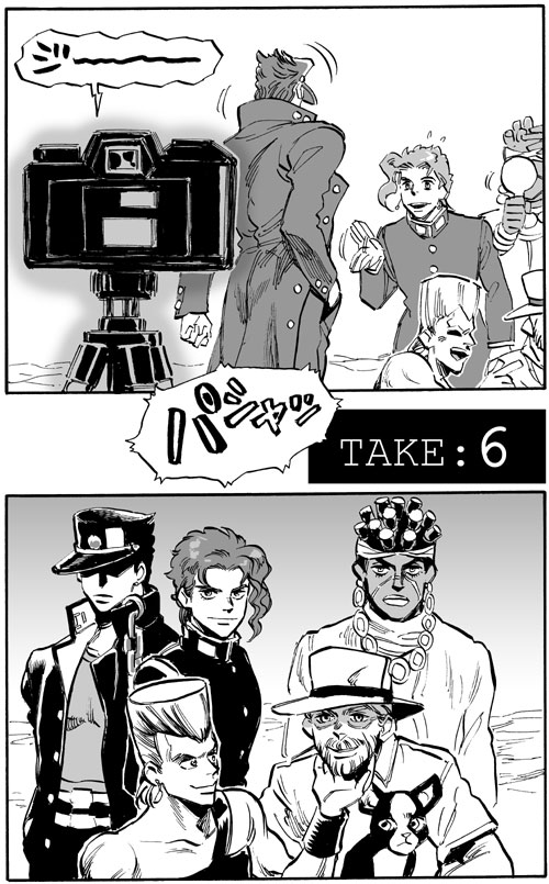 joseph joestar, kujo jotaro, kakyoin noriaki, jean pierre polnareff, mohammed avdol, and 1 more (jojo no kimyou na bouken and 1 more) drawn by waraji_nugeta