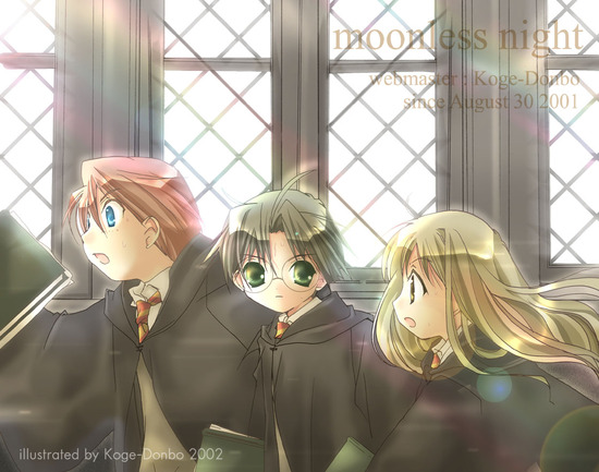 hermione granger, harry potter, and ron weasley (wizarding world and 1 more) drawn by koge_donbo