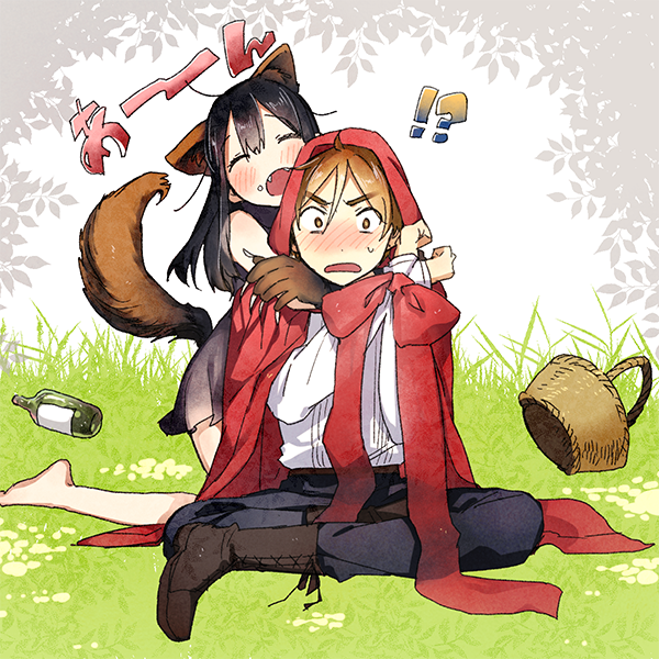 little red riding hood, kitashirakawa tamako, big bad wolf, and ooji mochizou (little red riding hood and 1 more) drawn by momose_(oqo)