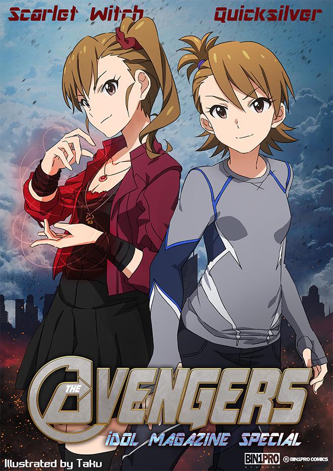 futami mami, futami ami, scarlet witch, and quicksilver (idolmaster and 4 more) drawn by taku1122