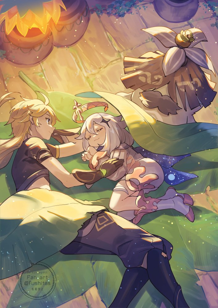 aether, paimon, aranara, and araja (genshin impact) drawn by fushitasu
