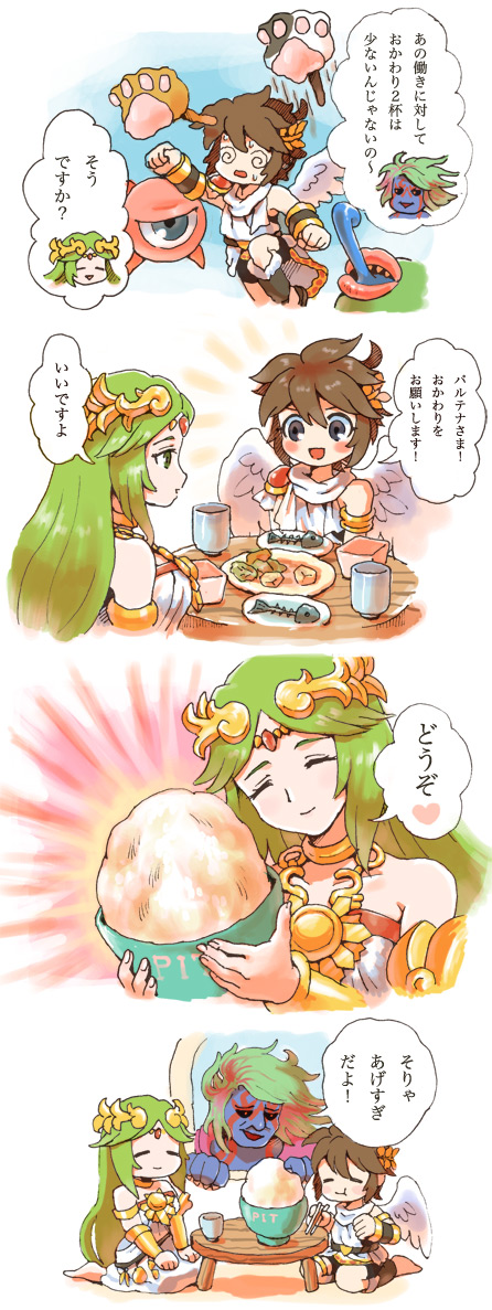 palutena, pit, monoeye, hades, and mik (kid icarus and 1 more) drawn by nopepe