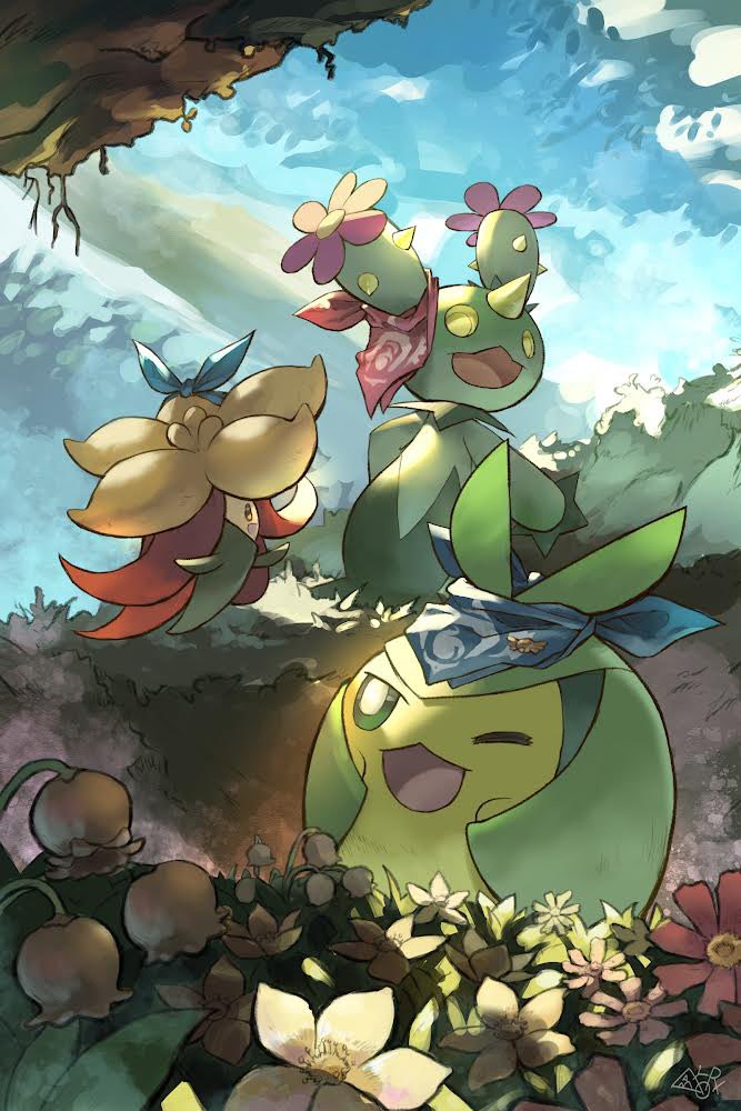swadloon, maractus, and gossifleur (pokemon and 1 more) drawn by yamaori_(hakkentai_pokedan)