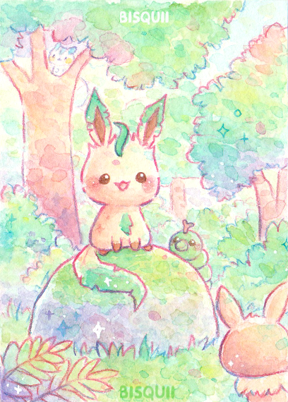 eevee, leafeon, pachirisu, and caterpie (pokemon) drawn by bisquii