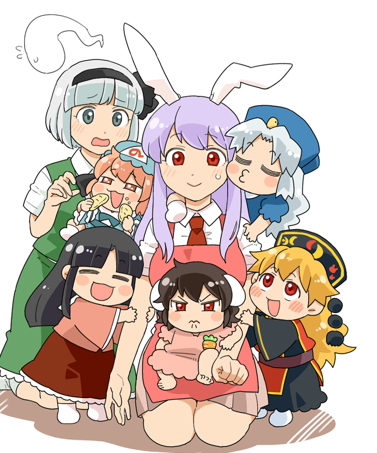 konpaku youmu, reisen udongein inaba, saigyouji yuyuko, houraisan kaguya, inaba tewi, and 2 more (touhou) drawn by koyama_shigeru