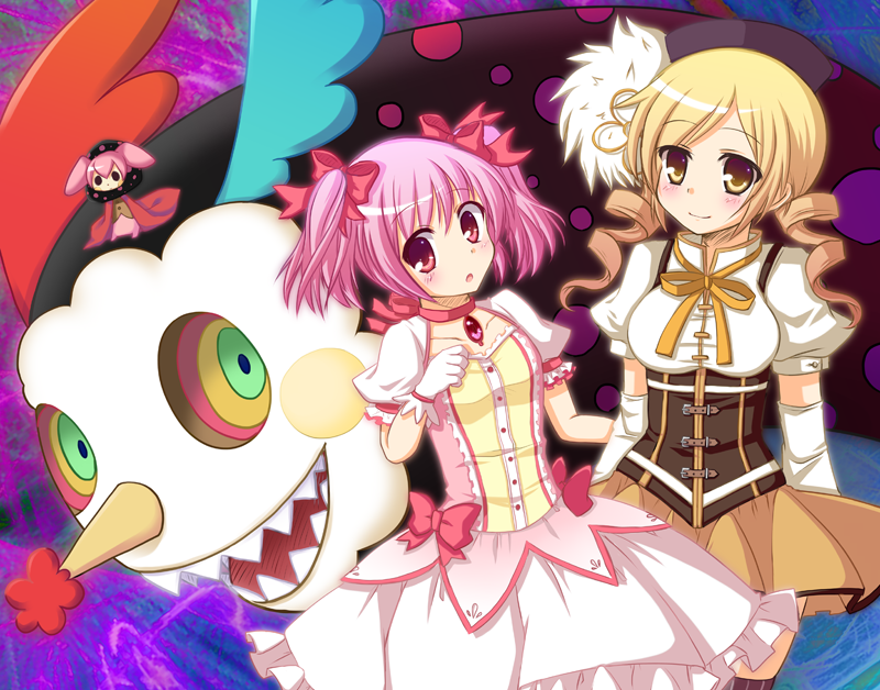 kaname madoka, tomoe mami, and charlotte (mahou shoujo madoka magica) drawn by fujisaki_kaon