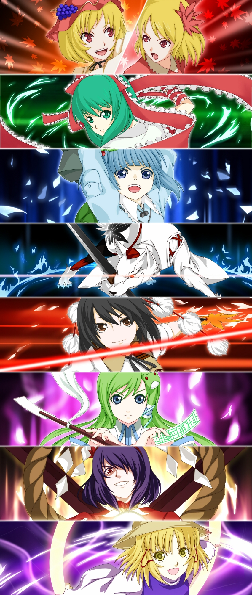 kochiya sanae, shameimaru aya, inubashiri momiji, moriya suwako, kawashiro nitori, and 4 more (touhou and 3 more) drawn by cofi_(eternal)