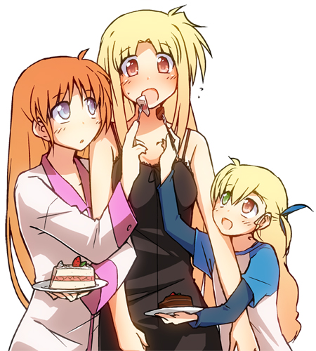 fate testarossa, takamachi nanoha, and vivio (lyrical nanoha and 1 more) drawn by namuru