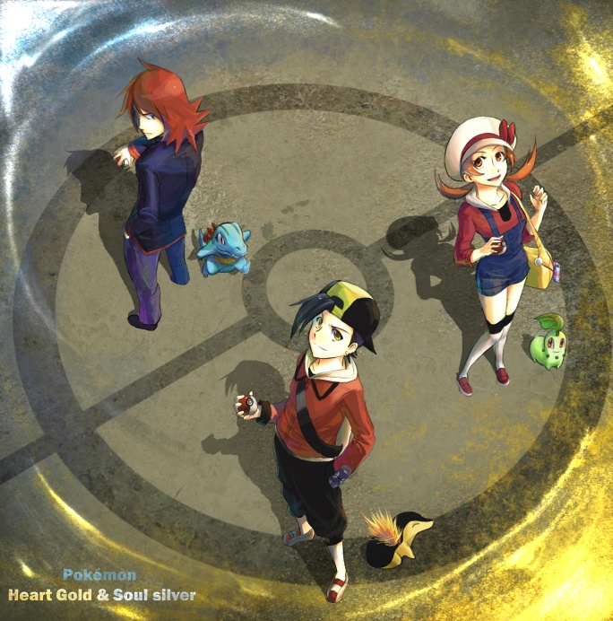 ethan, lyra, silver, cyndaquil, chikorita, and 1 more (pokemon and 1 more) drawn by r-sraven