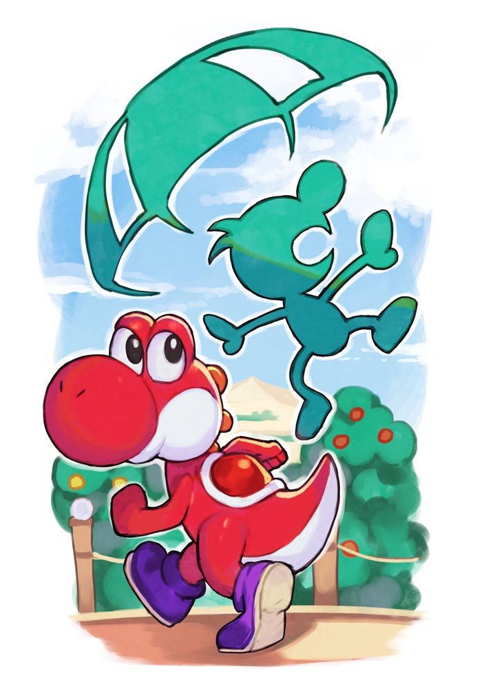 yoshi, mr. game & watch, and red yoshi (mario and 3 more) drawn by hungry_clicker
