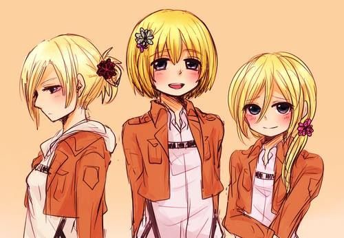 krista lenz, armin arlert, and annie leonhart (shingeki no kyojin) drawn by shi-bamaru