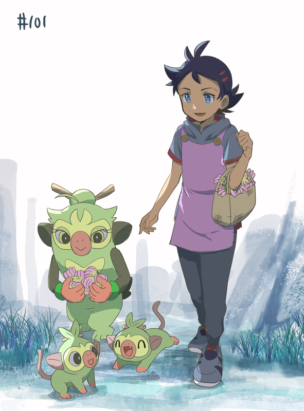 grookey, goh, and thwackey (pokemon and 1 more) drawn by matsuno_opa
